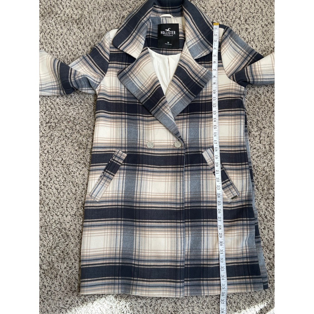 Hollister Plaid Double Breasted Trench Pea‎ Coat Womens M Beige Blue Gray Lined - Picture 10 of 10